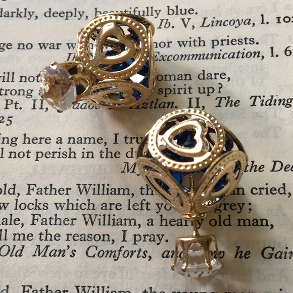 SALE - Gold & Blue Solitaire Earrings Square Backings NEW - Picture 1 of 6